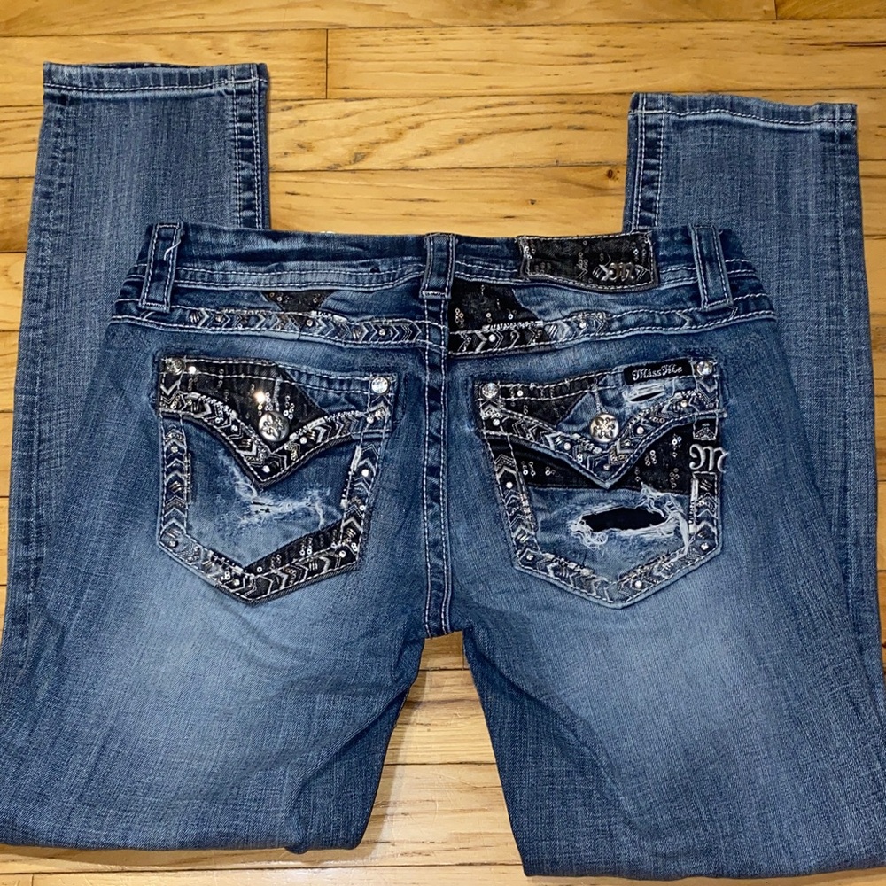Miss Me Distressed Blue Jeans with Embellished Pockets